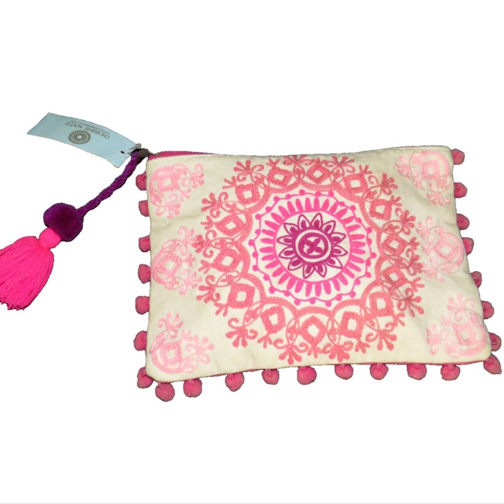 Debbie Katz Pink Embroidered Sabita Mala Pouch Boho Zip Clutch Bag